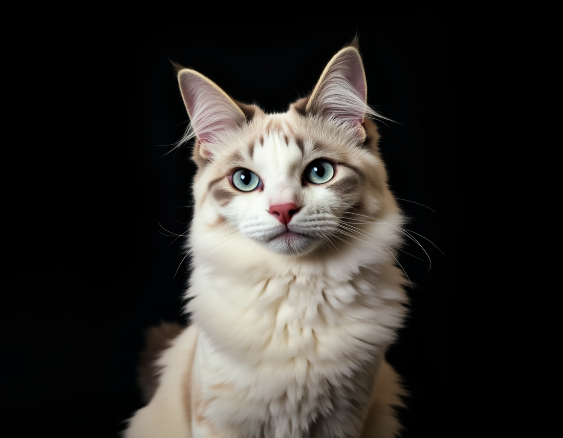 Close-up portrait of cat on a black background, with its alert expression and intricate details of its fur and whiskers in sharp focus.